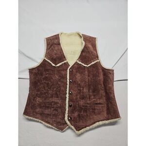 Oui International Vintage Suede Leather Sherpa Lined Vest Western Rancher Sz Xl